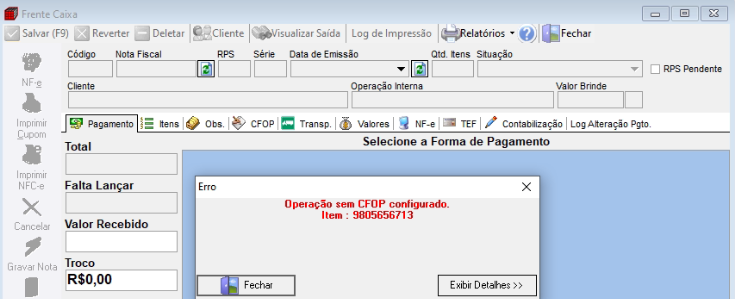 Mensagem de operação sem CFOP configurado