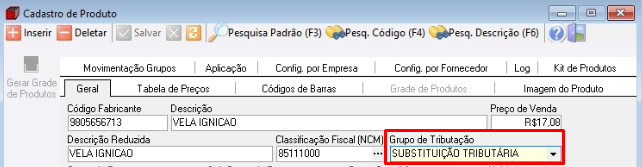Grupo de tributação no cadastro do produto