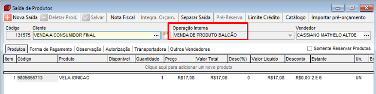 Cadastro da operação interna