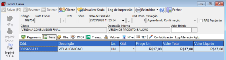 Nota aberta normalmente na frente de caixa