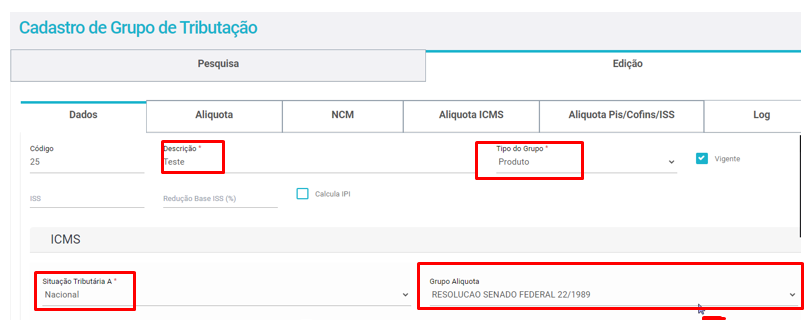 Aba Dados do novo grupo de tributação