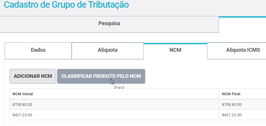 Adição dos NCMs ao grupo