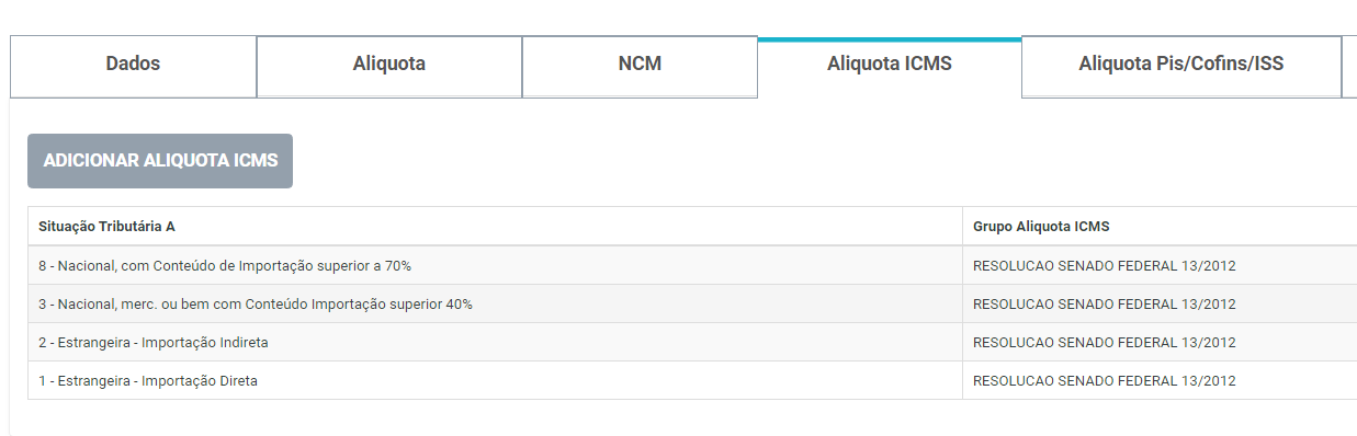 Grupos de alíquota das operações