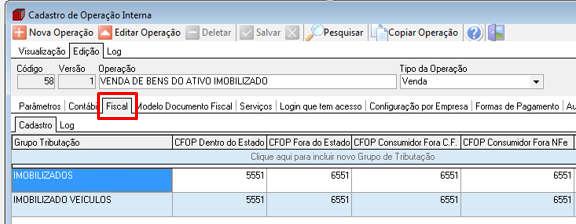 Aba Fiscal da operação interna