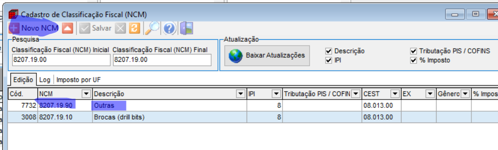 Inclusão de novo NCM