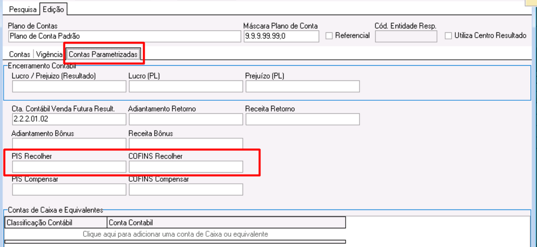 Contas parametrizadas de PIS/COFINS a recolher