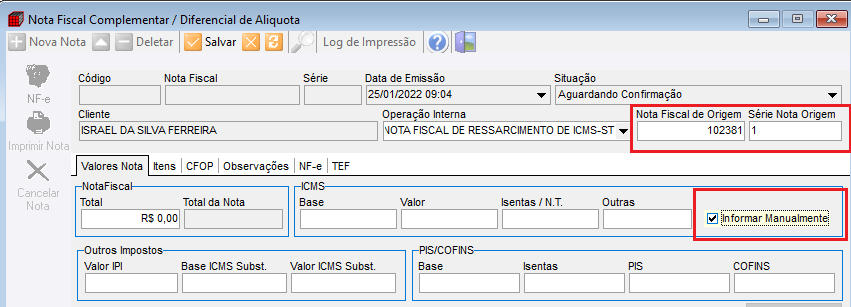 Série e número da nota de origem