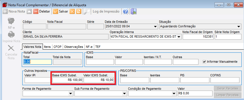 Valores na tela de emissão