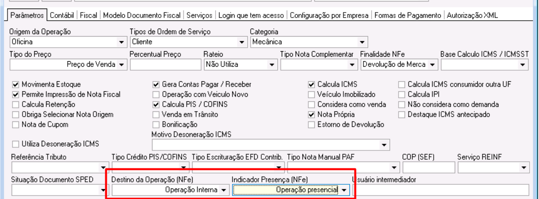 Aba Parâmetros (presencial)