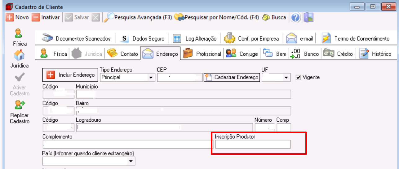 Campo Inscrição do Produtor no cadastro do cliente