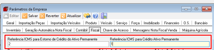 Referências do CIAP nos parâmetros da empresa