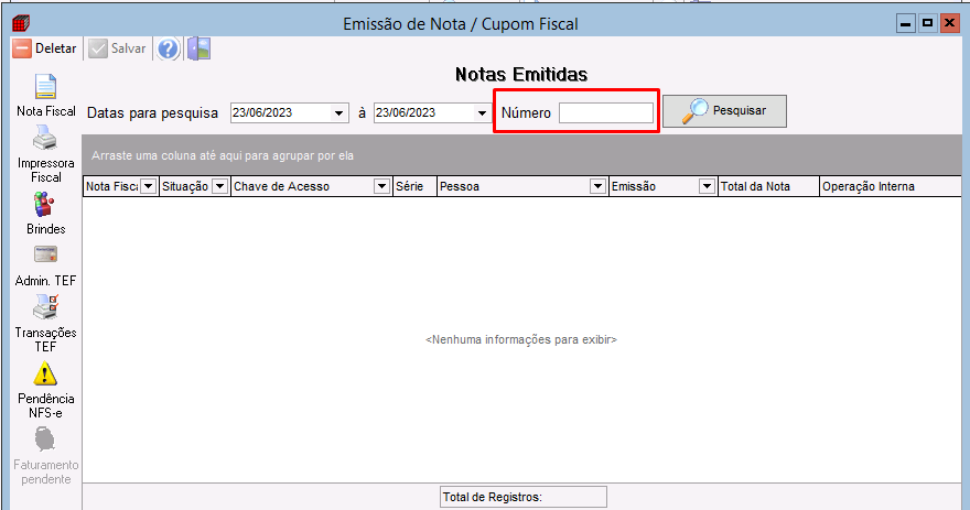 Localização do cupom de venda