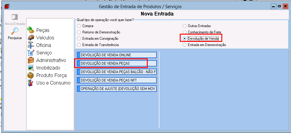 Operação interna de devolução