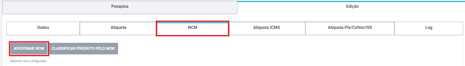 Aba NCM do Grupo de Tributação, com o botão Adicionar NCM
